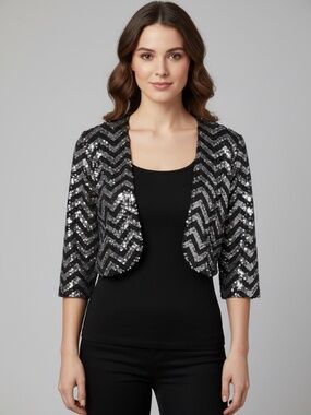 Betsey Johnson Black & Silver Sequin Zig Zag Open Front Bolero Shrug